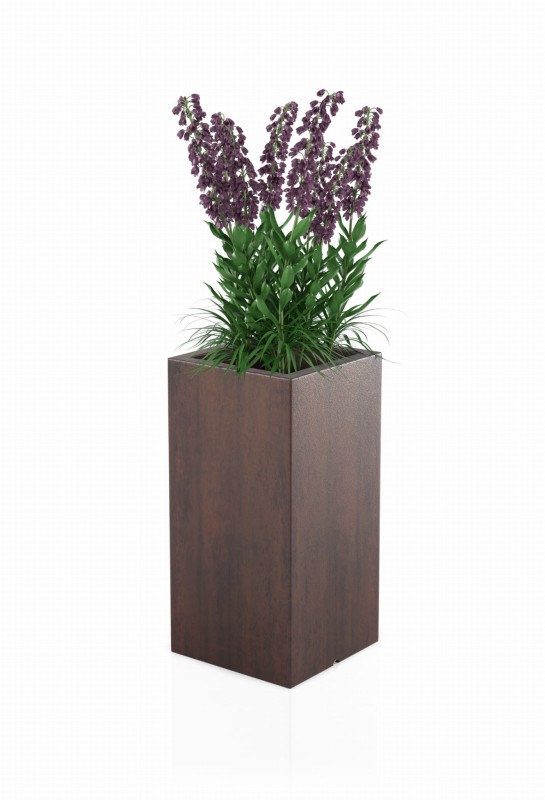 Wysoka prostokątna donica ogrodowa 70 cm (35x35x70) efekt corten | Tower Pot z półką | Monumo 