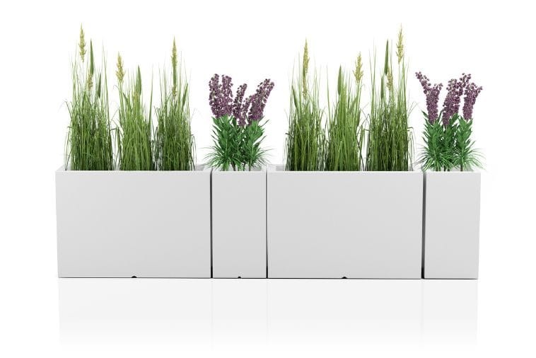 Komplet 4 wysokich donic ogrodowych białych ścianka roślinna | Longerino i Tower Pot z półką | Monumo