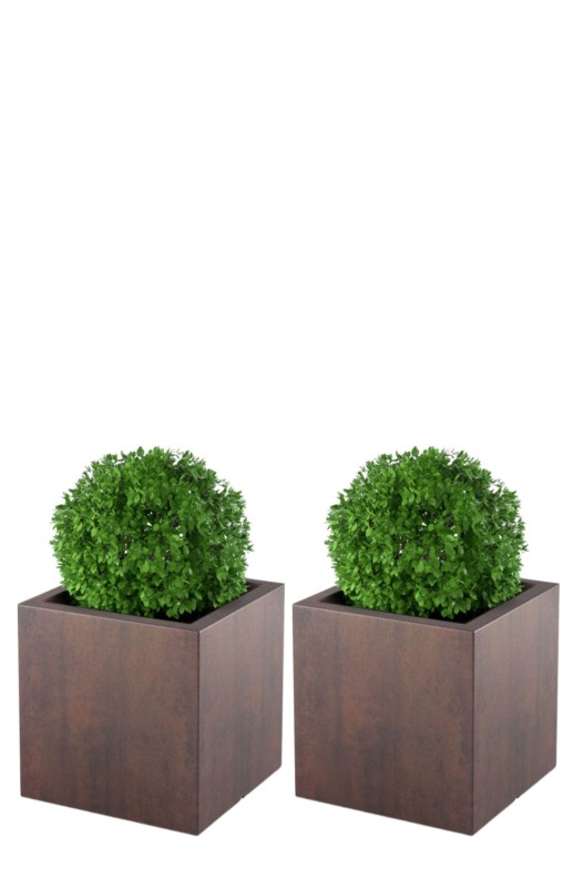 Komplet kwadratowych donic na taras 50 × 50 cm – efekt corten | Pixel Pot z półką | Monumo