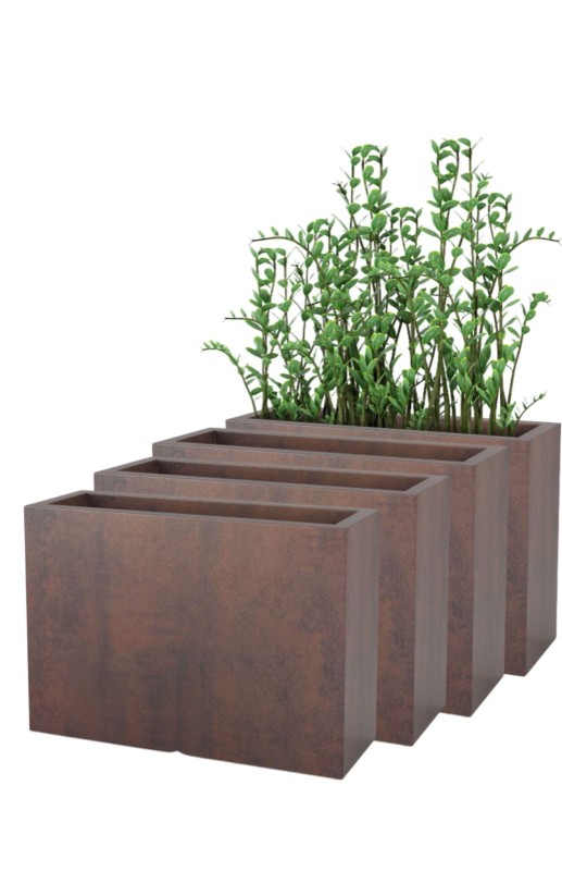 Komplet 4 długich donic ogrodowych 100 cm – efekt corten | Longerino z półką | Monumo