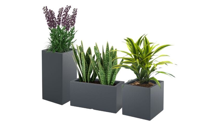 Komplet 3 kaskadowych donic tarasowych 70, 40 i 38 cm antracytowych | Tower Pot, Pixel Pot, Lungo pełna | Monumo