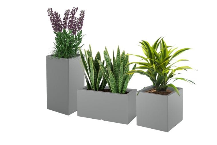 Komplet 3 kaskadowych donic tarasowych 70, 40 i 38 cm szarych | Tower Pot, Pixel Pot, Lungo z półką | Monumo