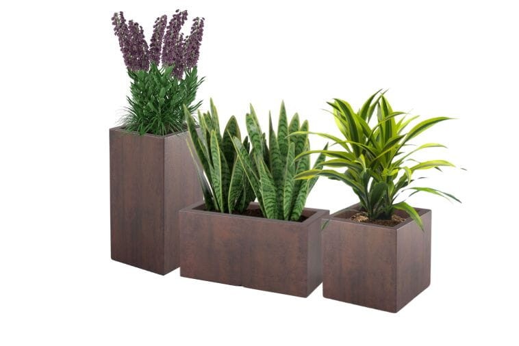 Komplet 3 kaskadowych donic tarasowych 70, 40 i 38 cm – efekt corten | Tower Pot, Pixel Pot, Lungo pełna | Monumo