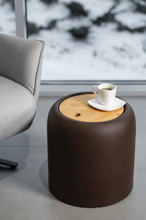 Okrągły stolik corten effect 39h z drewnianym blatem Monumo Ambienti + schowek 