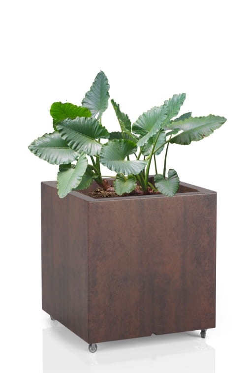Kwadratowa donica ogrodowa na kółkach 50 × 50 cm – efekt corten | Pixel Pot z półką | Monumo