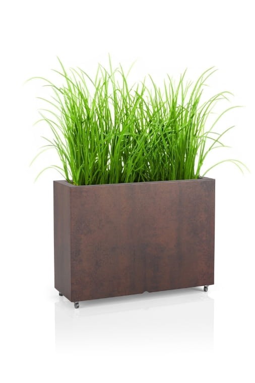 Prostokątna donica ogrodowa na kółkach 85 cm – efekt corten – na taras | Lungo Grande z półką | Monumo