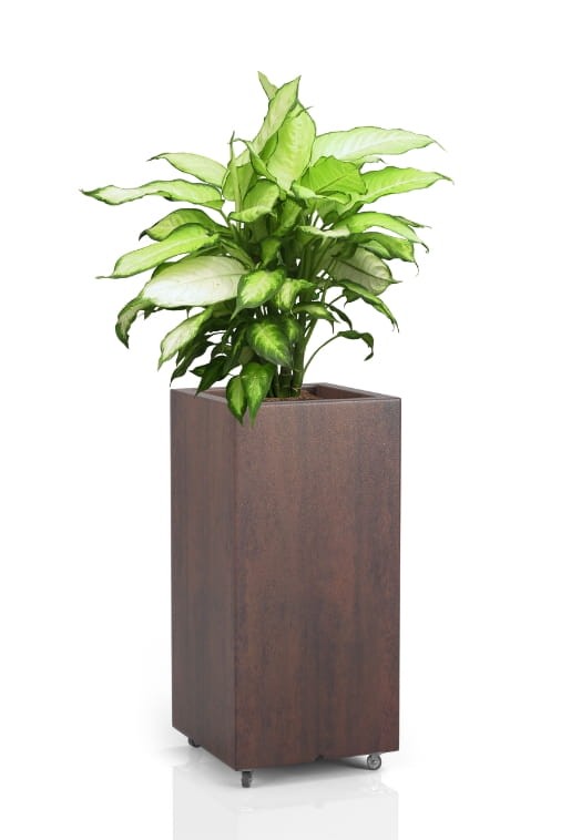 Wysoka donica ogrodowa na kółkach 70 cm – efekt corten – na taras | Tower Pot z półką | Monumo