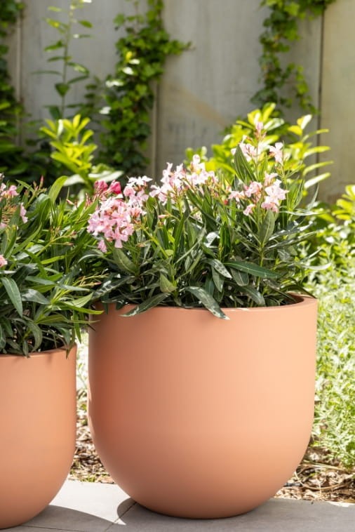 Donica okrągła na taras Primo 50 cm brzoskwiniowa z wkładem | Monumo