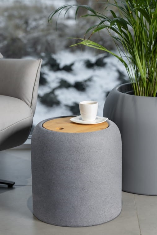 Okrągły stolik efekt kamienia granit 39h z drewnianym blatem Monumo Ambienti + schowek 