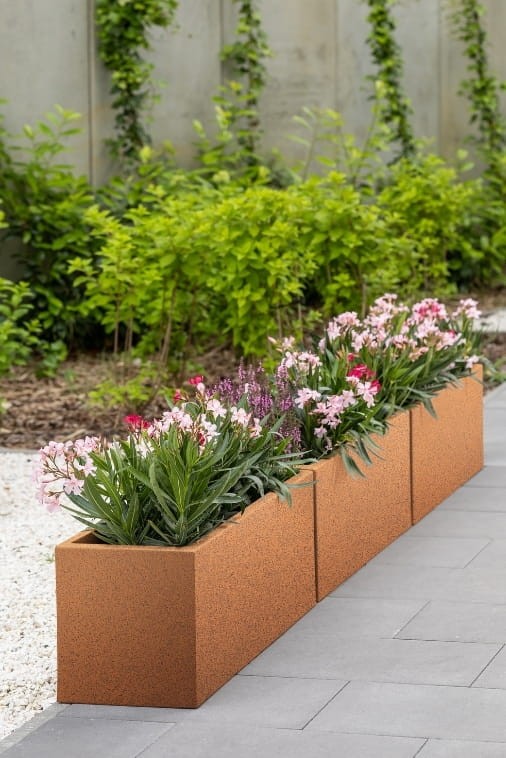 Komplet donic ogrodowych 3 szt. prostokątnych 100 cm w efekcie rdzy | Long Maxi pełne | Monumo