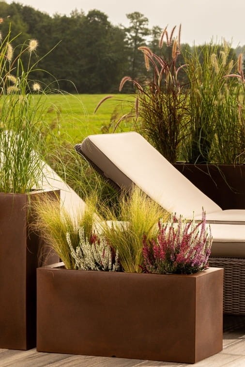 Prostokątna długa donica na taras Lungo pełna 75 cm (75x35x38) efekt corten | Monumo