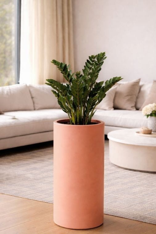 Donica okrągła ogrodowa wysoka walec 65 cm brzoskwiniowa | Alto z półką | Monumo