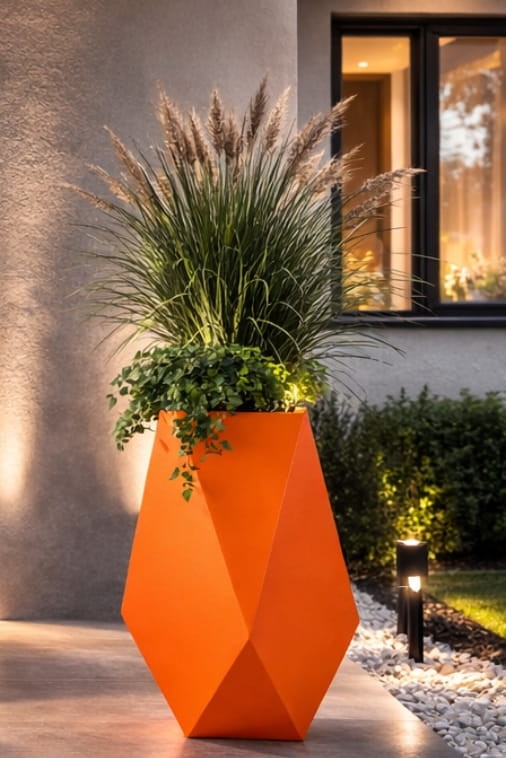 Donica ogrodowa nowoczesna 70 cm pomarańczowa | Volcano z półką | Monumo