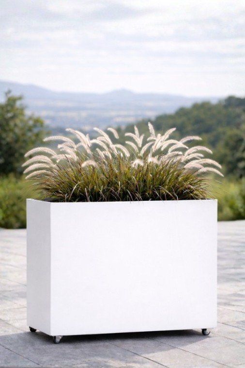 Prostokątna donica na kółkach ogrodowa 100 cm biała | Longerino z półką | Monumo