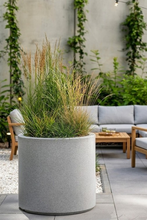 Donica okrągła na taras Cavo 40 cm z wkładem efekt kamienia | Monumo