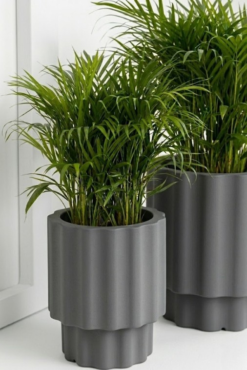 Donica ryflowana ogrodowa 45 cm szara | Ribbo z półką | Monumo