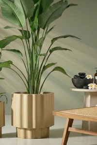 Donica ryflowana ogrodowa 55 cm beżowa | Ribbo z półką | Monumo