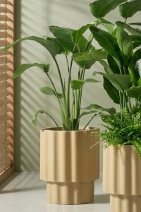 Donica ryflowana ogrodowa 45 cm beżowa | Ribbo z półką | Monumo