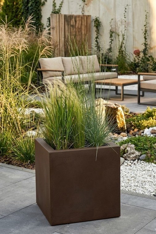 Donica kwadratowa na taras Pixel Pot z półką 40 cm (40x40x40) efekt corten | Monumo