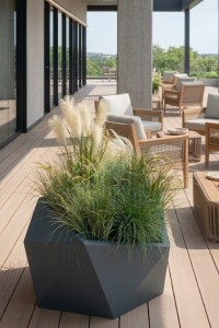 Nowoczesna donica ogrodowa asymetryczna 46 cm antracytowa | Vesari z półką | Monumo