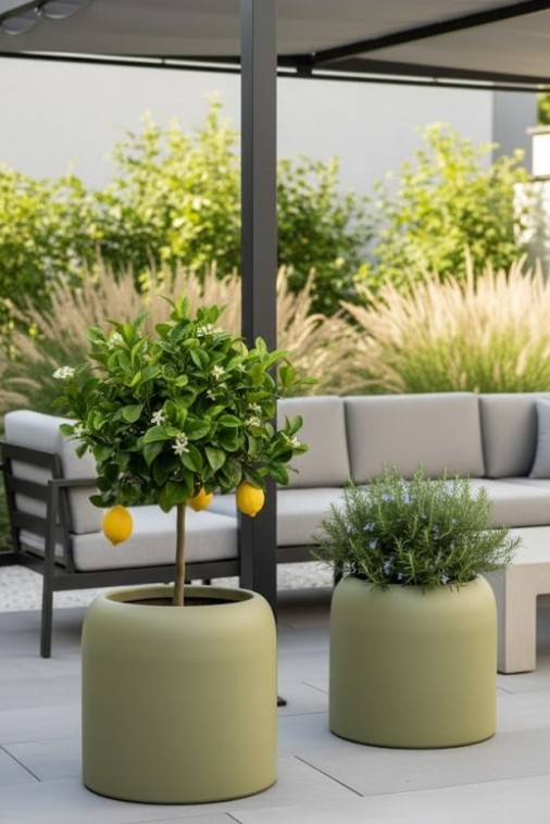 Zestaw okrągłych donic ogrodowych 39 i 46 cm oliwkowych | Ambienti pełna | Monumo