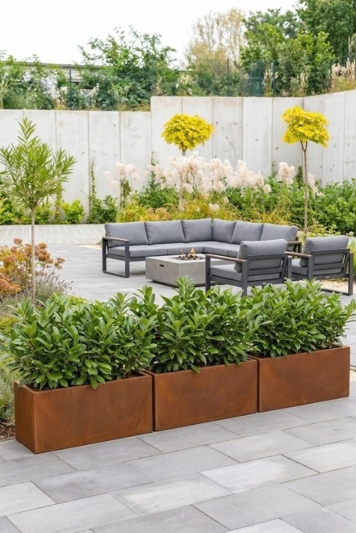 Komplet donic ogrodowych 3 szt. prostokątnych 85 cm w efekcie corten | Long Midi pełne | Monumo