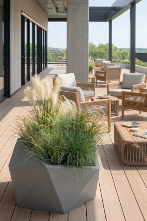 Nowoczesna donica ogrodowa asymetryczna 46 cm szara | Vesari z półką | Monumo