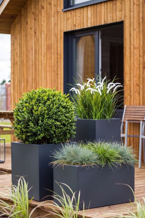 Komplet 3 donic kaskadowych antracytowych 70 cm, 50 cm i 38 cm | Tower Pot, Lungo, Pixel Pot z półką | Monumo