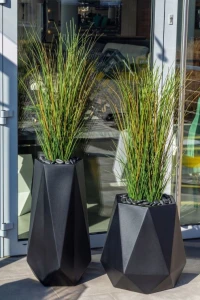 Komplet 2 nowoczesnych donic tarasowych czarnych 75 cm i 54 cm | Siena i Flavi z półką | Monumo