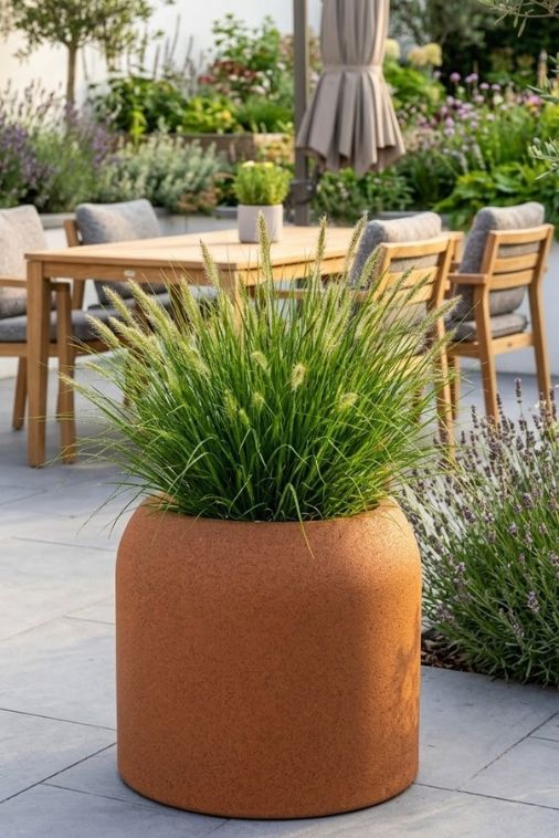 Duża donica okrągła na taras Ambienti 46 cm efekt rdzy pełna | Monumo